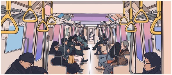 illustration of people using public transport; train, subway, metro in color