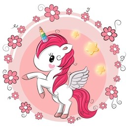 cute cartoon unicorn with flowers on a pink background