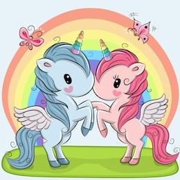 two cute unicorns on a rainbow background