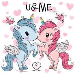 two cute unicorns on a hearts background