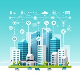 urban landscape with buildings, skyscrapers and transport traffic. concept of smart city with different icons. vector illustration.