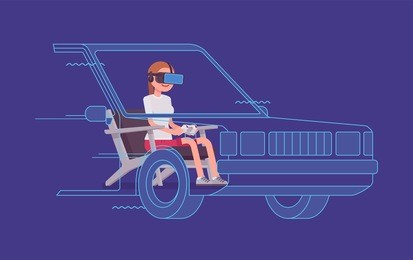 vr woman driving test. using advanced technology to imitate road with the driver simulator, practice for license. virtual reality and entertainment concept. vector flat style cartoon illustration