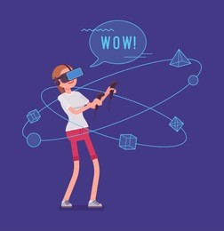 vr woman having positive experience and exciting sense of realism, first wow effect with manipulating virtual objects. virtual reality and entertainment concept. vector flat style cartoon illustration