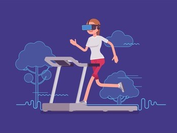 vr woman running on track. sport and real experience of the outdoor location, park and nature view simulator. virtual reality and entertainment concept. vector flat style cartoon illustration