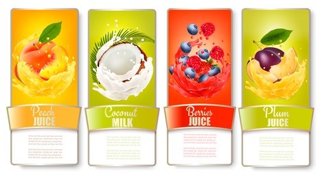 set of labels of of fruit in juice splashes. peach, coconut, raspberry, blueberry, plum. vector.