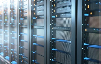 network server room with computers for digital communications and internet,abstract data concept,3d rendering.