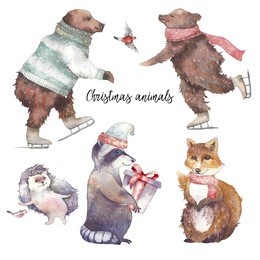 watercolor winter party animals. hand drawn christmas forest friends set. isolated cartoon hedgehog, raccoon, bullfinch, fox and bears on white background.