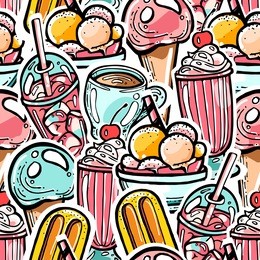 colorful seamless food pattern. ice creams, coffee, milkshake, cocktail elements. sticker line art design for web or print background.