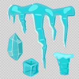 realistic ice caps snowdrifts and icicles broken piece bit lump cold frozen block crystal winter decor vector illustration