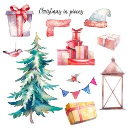 christmas illustrations set. watercolor vintage objects: gift boxes, christmas tree, lantern, bullfinch, flags garland, clothes. isolated holiday icons on white background