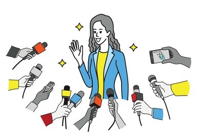 pretty young celebrity in uniform of businesswoman, smiling and waving hand and get interviewed by journalist, news agent, press media, reporters. outline, linear, thin line art design.