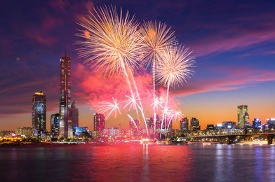 seoul fireworks festival in night city at yeouido, south korea.