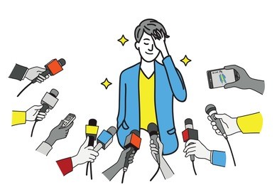 pretty young celebrity in uniform of businessman, touching his hair, smiling, interviewed by journalist, news agent, press media, reporters. outline, linear, thin line art design.