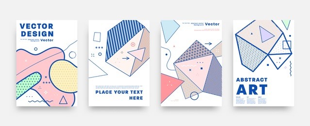 covers templates set with bauhaus, memphis and hipster style graphic geometric elements. applicable for placards, brochures, posters, covers and banners. vector illustrations.