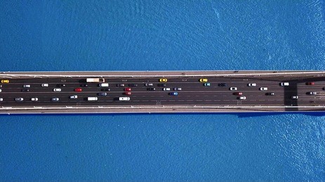 top down aerial view - traffic on elisabeth bridge, budapest, hungary.