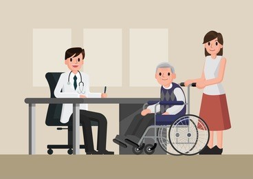 doctor and patient in flat style. practitioner doctor man and old man patient in hospital medical office. consultation and diagnosis. medicine concept.