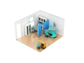 isometric dentist office blue table vaccination 3d render on white background no shadow