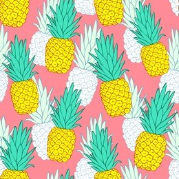 tropical seamless pattern with exotic pineapples. red background. vector backdrop. modern cartoon style.