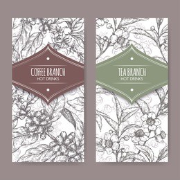 set of two labels with tea and coffee branch sketch. hot drinks collection. great for cafe, bars, coffee ads.