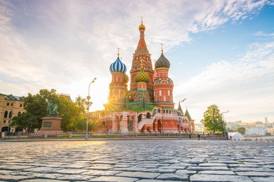 basil's cathedral at red square in moscow, russia at sunrise