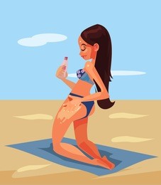 happy smiling woman tourist character using protection skin sun cream. vector flat cartoon illustration