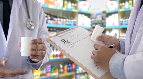 medicine doctor patient healthcare concept contraception rx prescription form in drug store pharmacist pharmacy