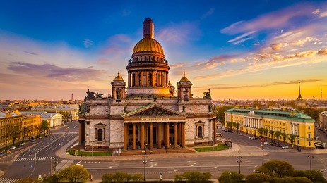 morning panorama from the air in st. petersburg. st. isaac's cathedral at dawn. saint petersburg. russia.