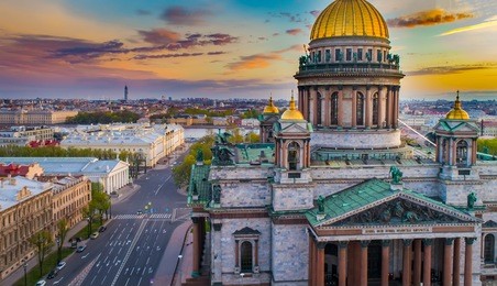 morning panorama from the air in st. petersburg. st. isaac's cathedral at dawn. saint petersburg. russia.