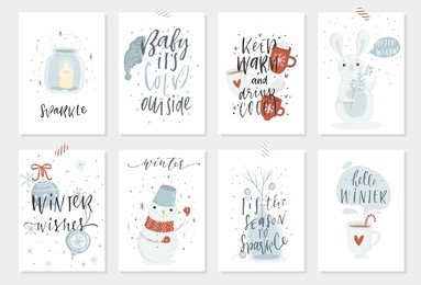 collection of 8 cute winter ready-to-use gift cards with cute characters and lettering. set of eight printable hand drawn holiday posters templates. vector seasonal crafted  holiday postcard design