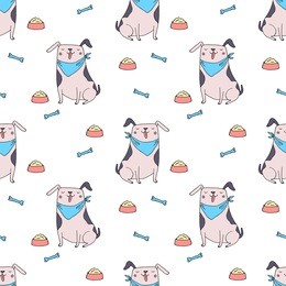 vector seamless pattern with cute dog. sitting smiling dog - hand drawn illustration. small kawaii puppy background