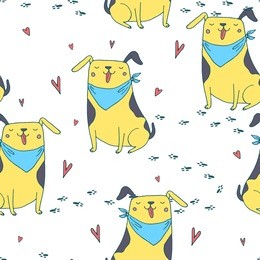 vector seamless pattern with cute dog. sitting smiling dog - hand drawn illustration. small kawaii puppy background