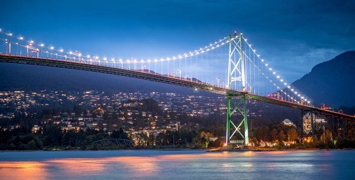 lions gate bridge with north vancouver in the background seeing from stanley park at vancouver british columbia