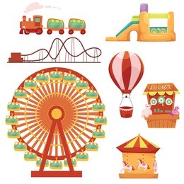 amusement park set - ferris wheel, carousel, rollercoaster, train, balloon, bouncy castle, shooting gallery, cartoon vector illustration isolated on white background. cartoon amusement park elements