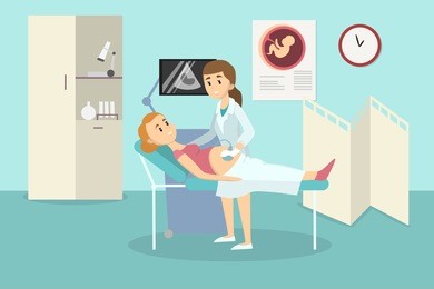 doctor doing ultrasound for pregnant woman in the ward.