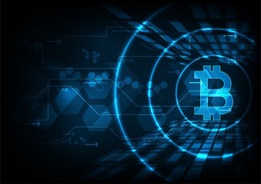  abstract futuristic digital money with logo bitcoin digital currency on blue background, , technology worldwide network concept.