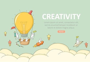 business template with launch lightbulb. doodle cute miniature scene about creativity. hand drawn cartoon vector illustration.