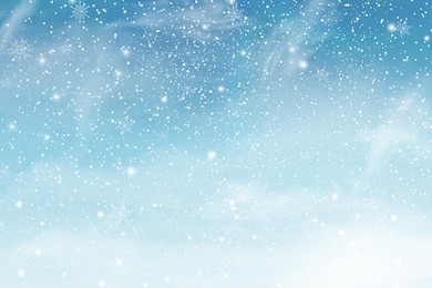 winter blue sky with falling snow, snowflake. holiday winter background for merry christmas and happy new year. vector illustration