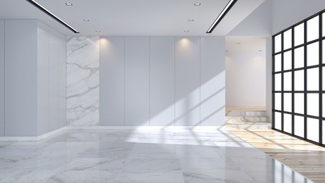 modern and minimalist  interior, marble flooring and blue wall ,empty room ,3d rendering