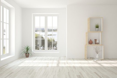 white empty room with summer landscape in window. scandinavian interior design. 3d illustration