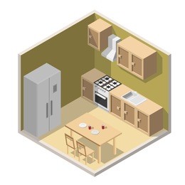 isometric kitchen interior flat style vector modern illustration set