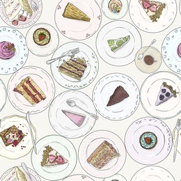 bakery, cakes, pastries linear seamless pattern. sweet elements background, cafe shop. hand drawn vintage wallpaper. backdrop dessert on plate
