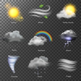weather realistic 3d icons vector. set sun, cloud, rainbow, storm wind