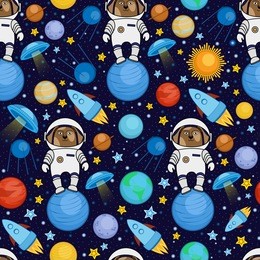 colorful seamless cartoon space pattern with dog astronauts, rockets, planets, stars on starry night sky background, illustration. cute space travel seamless pattern with dog astronaut