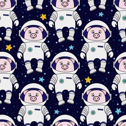 seamless pattern with cartoon style pig astronaut, spaceman in space, wrapping paper, backdrop, textile design. cute and funny cartoon pig astronaut in spacesuit, space and stars seamless pattern
