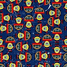 a cute, small, friendly blue with a red robot, with antennas and wires, kind vintage eyes and comic style inscriptions. abstract seamless pattern for girls or boys. creative sport vector print