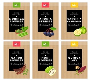 packaging design. concept label for natural superfood marketing . moringa, aronia, carob, noni, quinoa, garcinia cambogia. vector flat template.