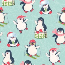seamless pattern with cute penguins. hand-drawn illustration. vector.