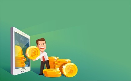 flat modern design concept of crypto currency technology, bitcoin exchange, mobile banking. businessman pulling out of smartphone bitcoins and dollars