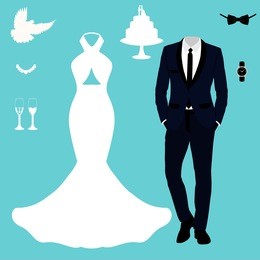 wedding card with the clothes of the bride and groom. wedding set. beautiful wedding dress and tuxedo. vector illustration.