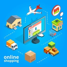 concept illustration of buying items in online store. ordering from computer. online sale and shopping, business e-commerce